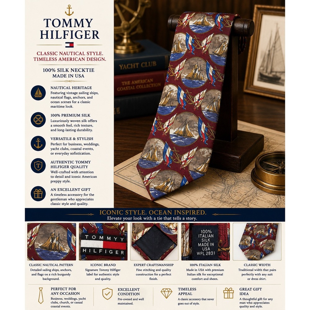 Tommy Hilfiger 100% Silk Sailboat Nautical Tie Burgundy Blue Made in USA Classic